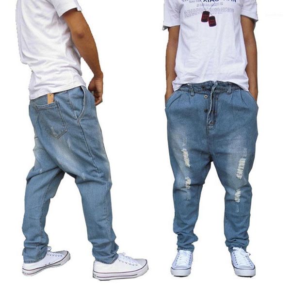 

hip hop harem jeans streetwear ripped jeans drop crotch punk men denim pants cotton trousers light blue size 29-371