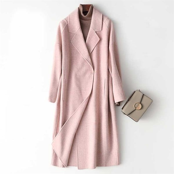 

women cashmere long coat elegant turn down collar pink woolen coat covered button design winter warm coat casaco feminino 201216, Black