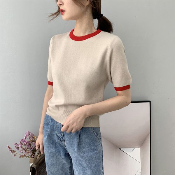 

2021 new short sleeve knitted o-neck striped slim thin women pullovers female white sweater pull femme 8lmo