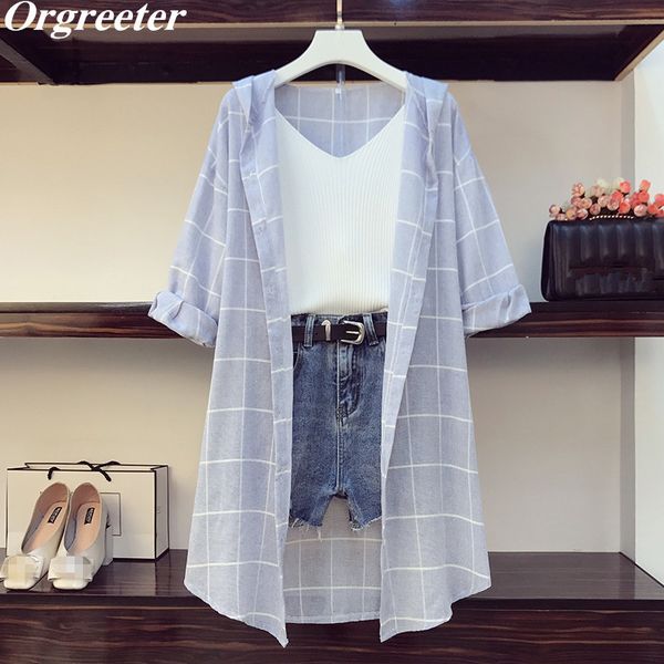 Neue Ankunft Casual 3 Stück Set Frauen 3/4 Ärmel Plaid Lange Hoodies Sonnencreme Shirts + Gestrickte Weste + Loch denim Kurze Sets T200702