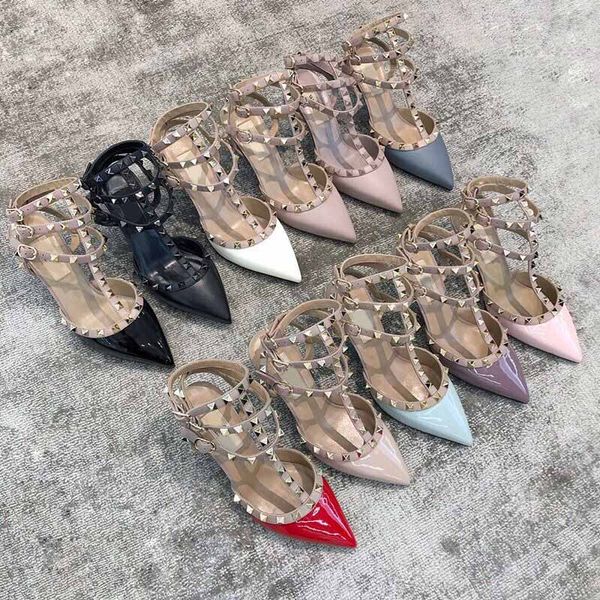

designer pointed toe shose rivets sandals hollow fashion rivet valentine pumps woman shoes nightclub stiletto heels leather metallic dress s, Black