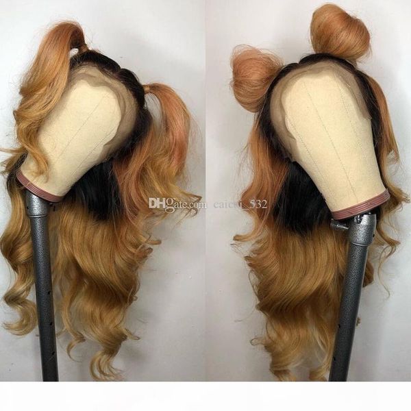 

brazilian ombre body wavy glueless full lace human hair wigs 1b 27 honey blonde two tone lace front wigs 130 density bleached knots, Black;brown