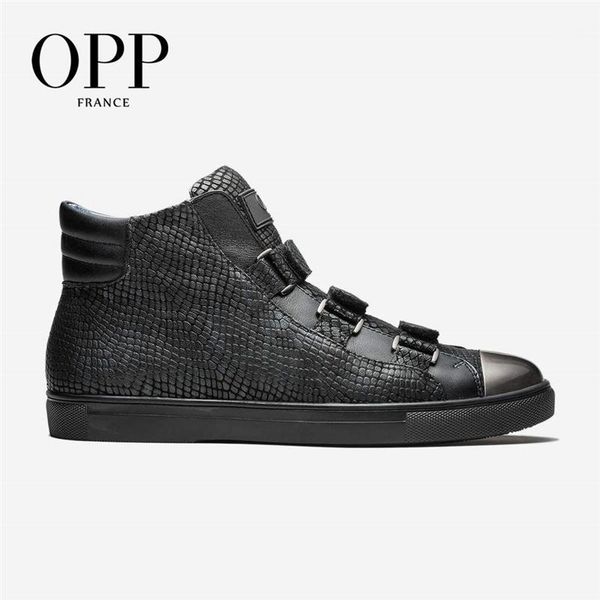 

opp snakeskin men shoes ankle boots men punk hop hip metal rivet high boots genuine leather sneakers hook&loop shoes1, Black