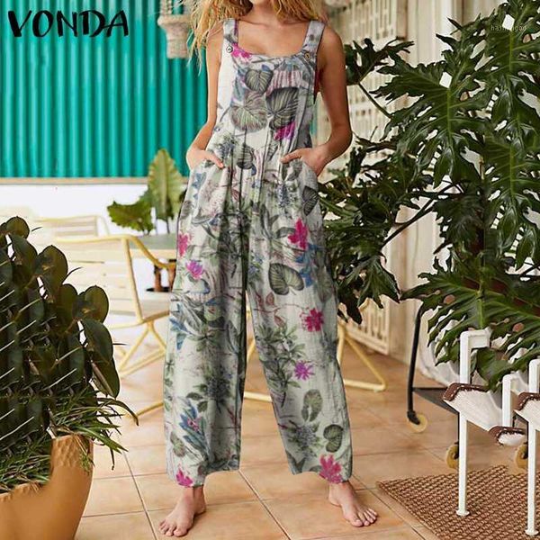 

summer overalls 2020 vonda rompers women jumpsuits sleeveless vintage printed playsuits with pockets retro long pants1, Black;white