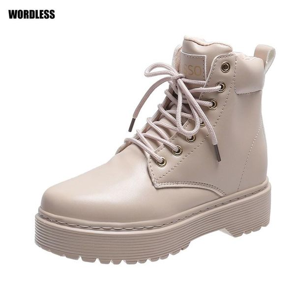 

new women martin boots pu leather breathable lace-up high heels shoes daily causal ladies footwear size 35-42 zapatos de mujer, Black