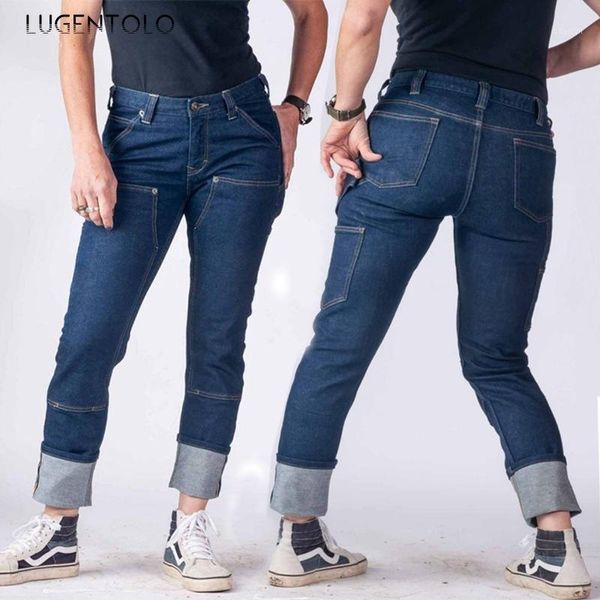 

women's jeans lugentolo casual women's washed slim-fit fashion pocket cargo pants straight street long simple plus size1, Blue