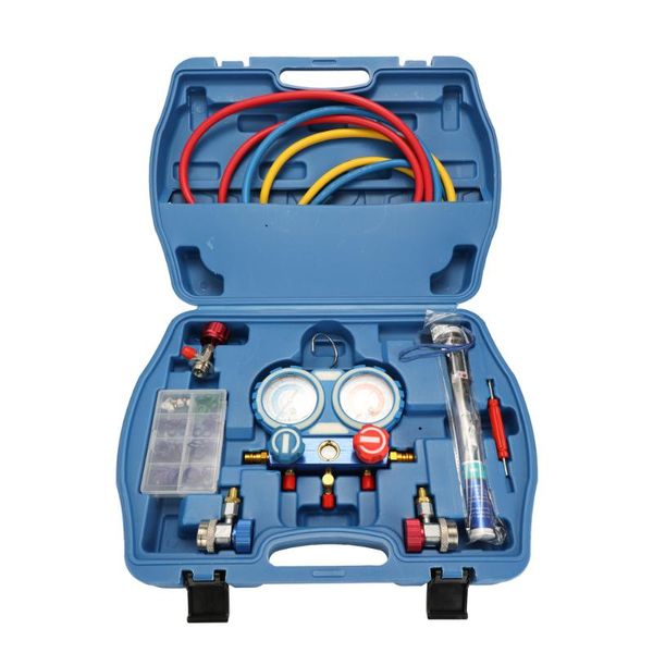 

professional hand tool sets car air conditioning refrigerant freon double valve pressure gauge with seal rings diagnostic repairing kit