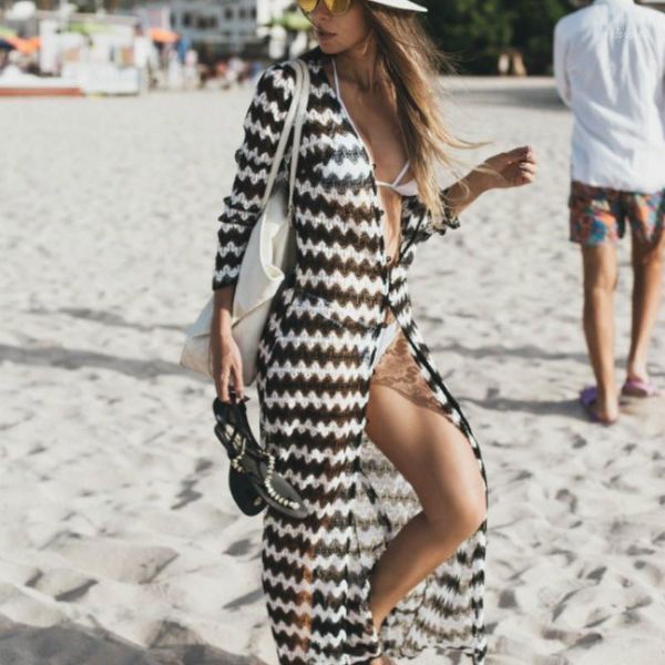 

2020 summer new black white lace beach cover up dress long pareos bikinis swim robe wavy pattern beachwear women clothes1, White;black