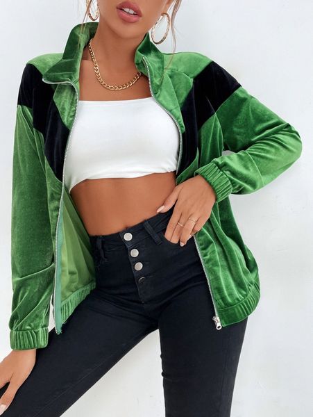 

chevron zip up velvet jacket 32jz#, Black;brown