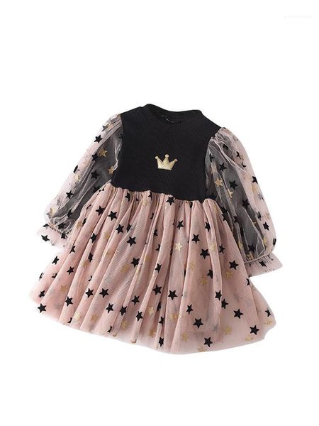 

clothing sets girl's dress, thread knitted mesh children's long sleeve crown design stars fluffy skirt1, White