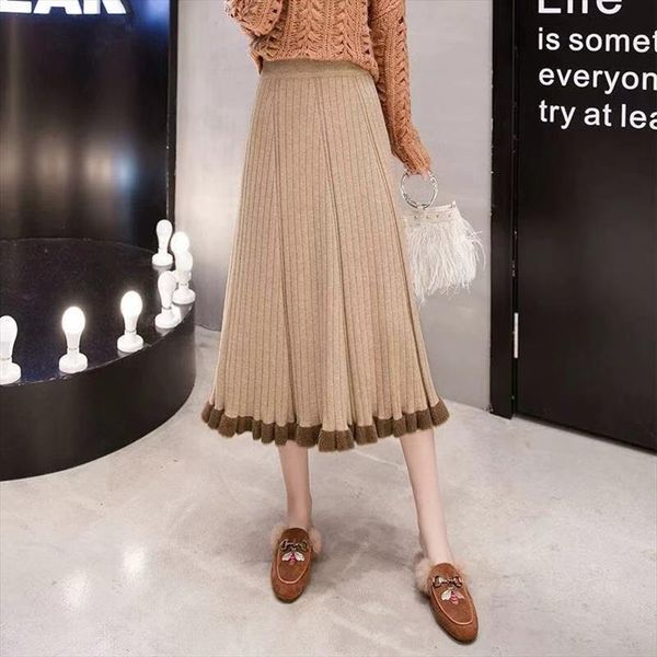

2019 autumn winter women pleated long knitted skirt vintage mid calf a line skirts korean warm high waist umbrella skirts z157, Black
