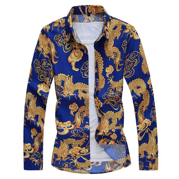 

2021 new autumn spring dragon clothes chinese men's shirts long sleeves blouse big 6xl 7xl print beach for man brqe, White;black
