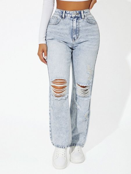 

petite ripped straight leg jeans q8pp#, Blue