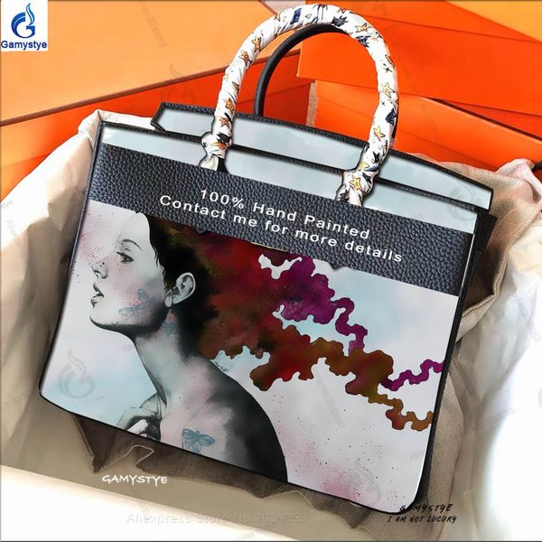 

hand drawing designer art red hari pop girl customize handbag genuine leather bags women messenger handbag real cowskin