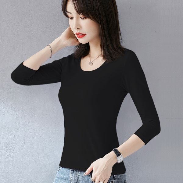 

qtk3q new autumn winter 2020 women's wear pure black slim fitting crew coat neck t-shirt 7 4 sleeve cotton t-shirt bottoming women&#039, White