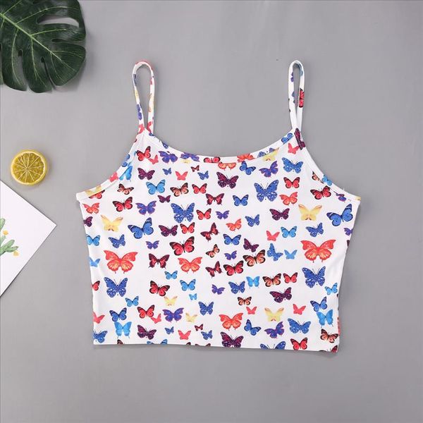 

summer butterfly print crop women sleeveless tank clothes 2020 new drop shipping good quality, White