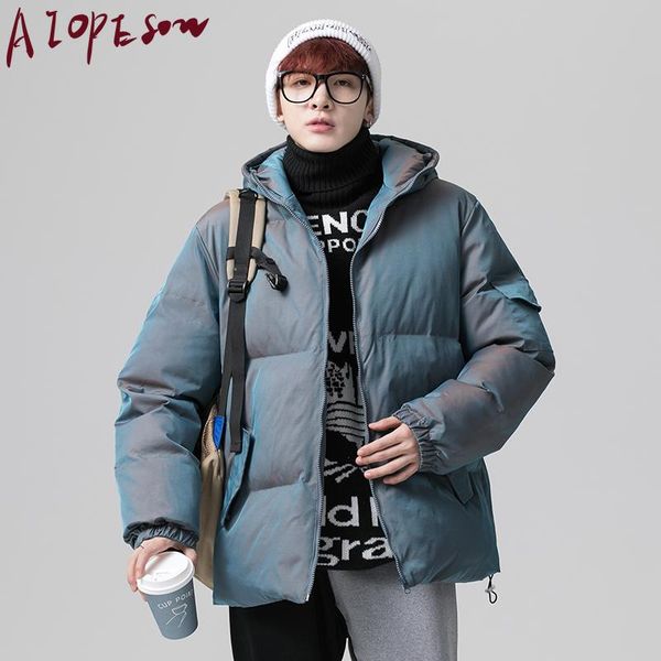 

aiopeson 2020 new reflective men's coats casual solid color stand collar zipper winter coat men fashion loose warm mens coat, Black