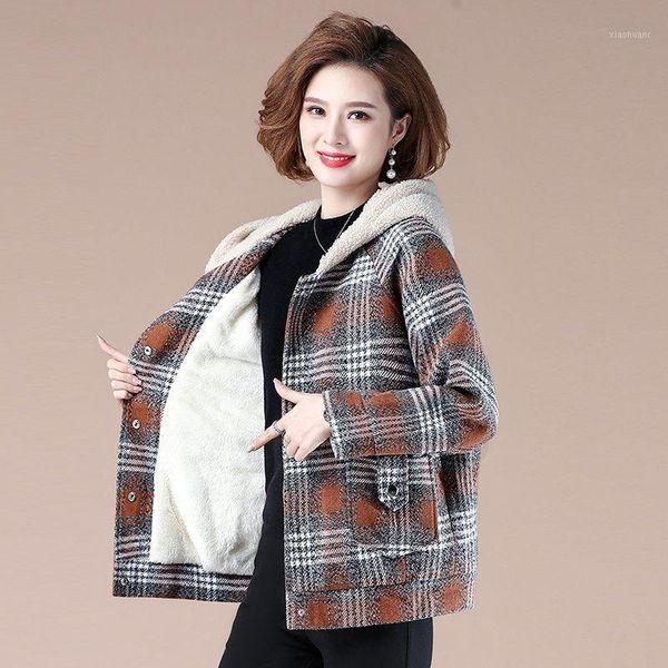 

winter plaid jacket women soft fur liner jacket hooded outwear vintage plus size loose thick warm coat1, Black;brown