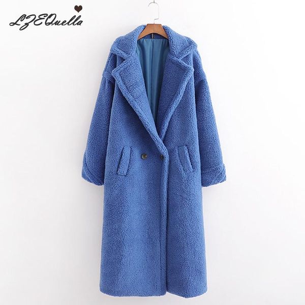 

lzequella women winter long coat 2021 new solid color faux fur plush outwear jacket classic warm overcoat female cloth nz2472, Black