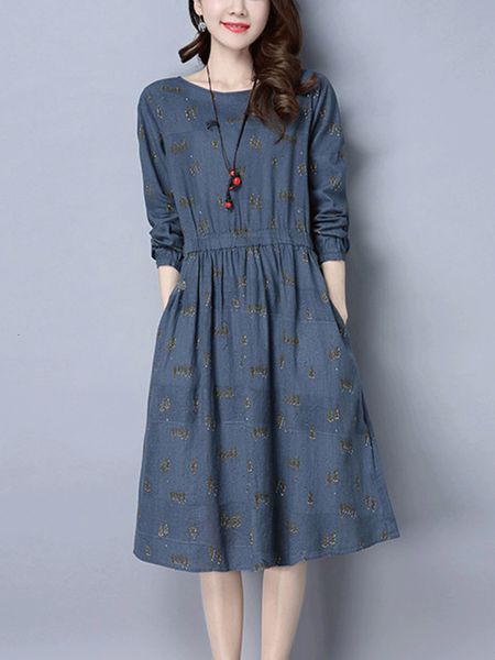 

2021 new new high-quality female cotton long-sleeve line around the neck dressed in retro-casual printed dress h0095 6gda, Black;gray