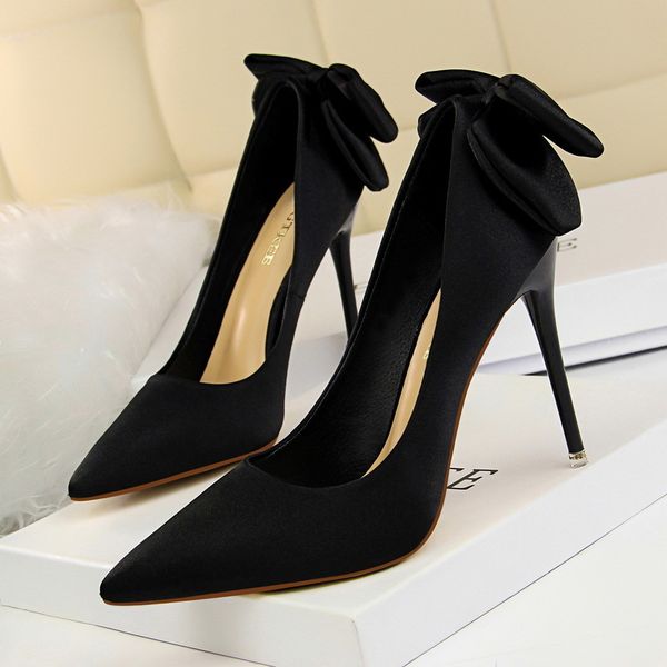 

2021 new korean-style sweet fashion delicate heels satin bow shoes gu6v, Black