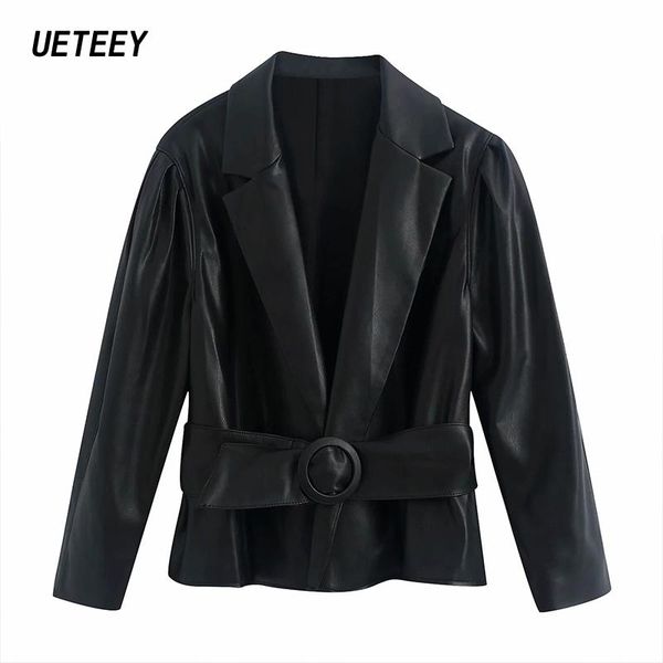 

women's pu jackets with belt coats mujer black long sleeve femme 2021 faux leather blazer office formal outerwear loose clothing