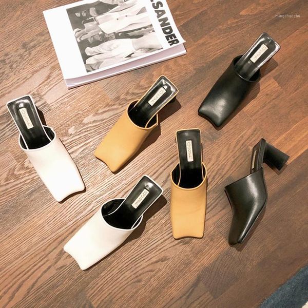 

slippers high heel slipper women 2021 square toe mule fashion slip on shallow slide heels shoes elegant pumps brand zapatos de mujer1, Black