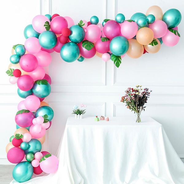 

126pcs pink green tropical balloon garland kit hawaiian luau flamingo theme balloon with palm leaves wedding birthday decoration