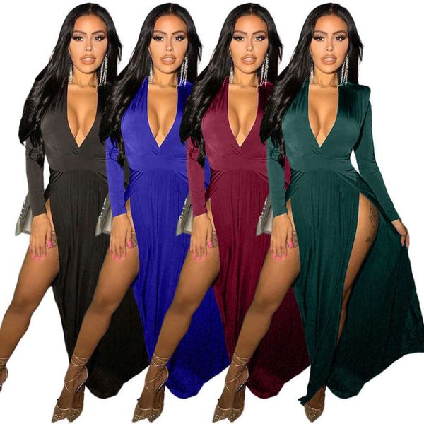 

long x9265 sleeve women's solid color splicing v-neck hem split dress, Black;gray