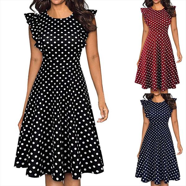 

sleeper 401 2020 new fashion vintage dot printed ruffle sleeveless casual cocktail party dresses casual ing, Black;gray