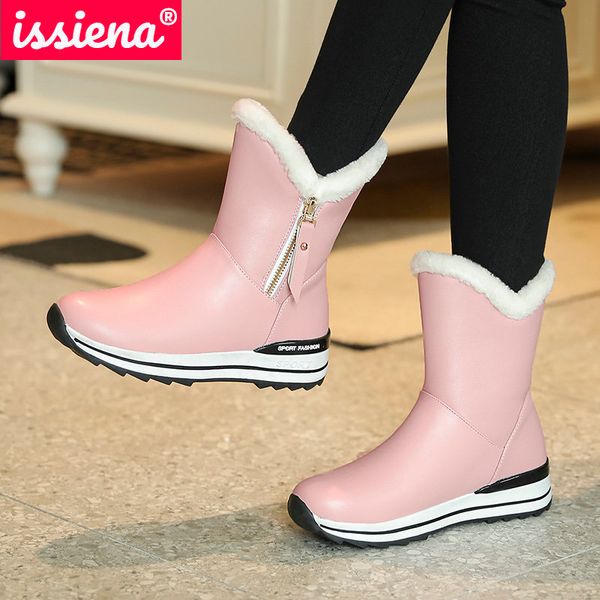 

issiena 2021 ankle zipper flat with winter pu + down fur snow boys girls plush keep warm boots size 31-39 201021, Black