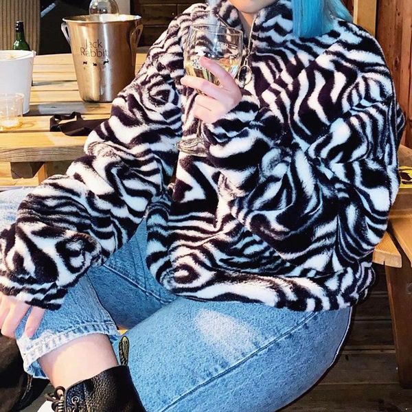 

yk2 women coat fluffy soft striped winter coats female e girl korean y2k pullover outwear zip up stand collar faux fur jackets, Black