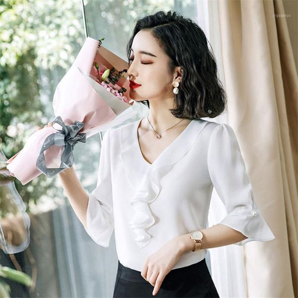 

plus size chiffon women blouse -7xl 8xl ruffle half sleeve solid blouses red white black 10 color1