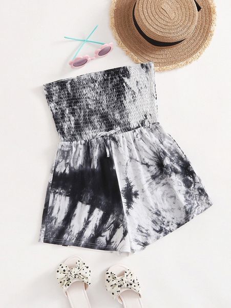 

shirred bodice knot waist tie dye tube romper q46k#, White