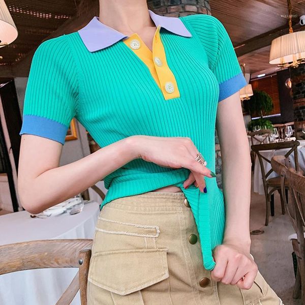 

contrast color shirt 2020 new lapel short sleeve slim t shirt women knitted slim contrast candy color shirts tee1, White