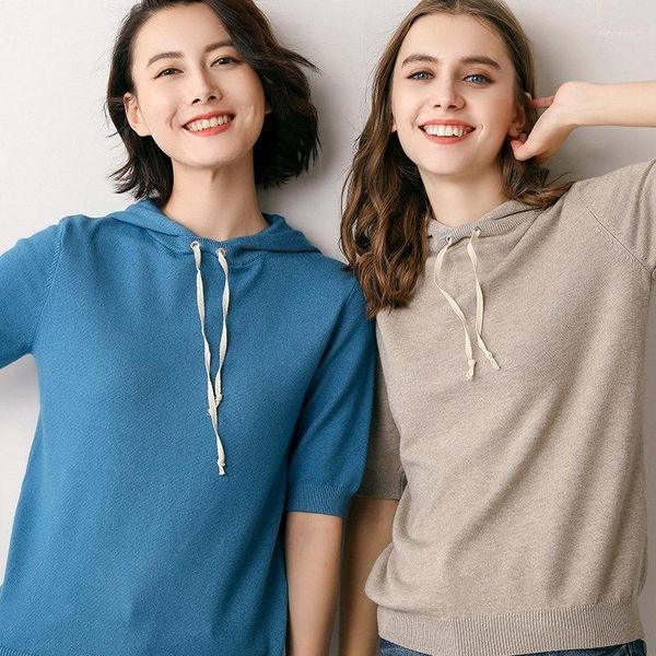 

summer hoodie women korean pullover hooded sweater thin section lazy loose outer knit sweater short sleeves1, White;black