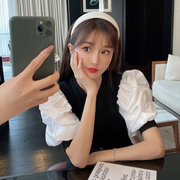 

chic women pullover sweater 2021 new fashion puff sleeve stretch knit body patched poplin sleeve modern lady ruffles, White;black