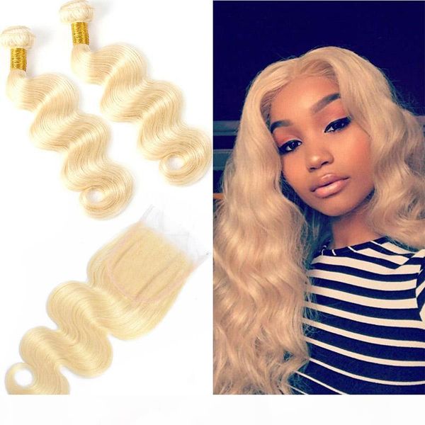 

indian raw human hair 3 pieces one set 613# blonde body wave bundles with 4*4 lace closure middle three part 8-30inch baby hair, Black;brown