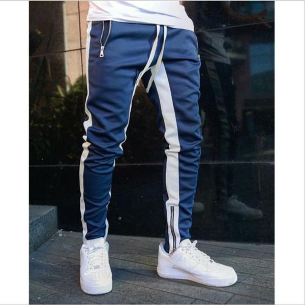 

men's pants men side stripe fashion pocket casual streetwear jogger pant hip hop zipper bottom male pencil outdoor sport trouser, Black