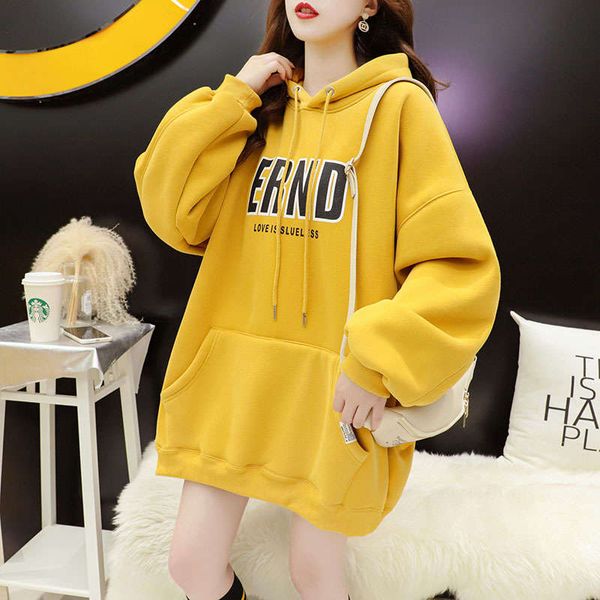

2sf4bplush thick hooded sweater women's middle long new winter 2020 foreign style loose and lazy coat, Black