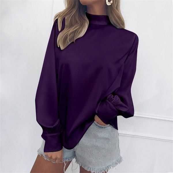 

2021 fashion spring and autumn women shirts turtleneck solid long casual lantern sleeve blouses female clothing shirt korean1, White