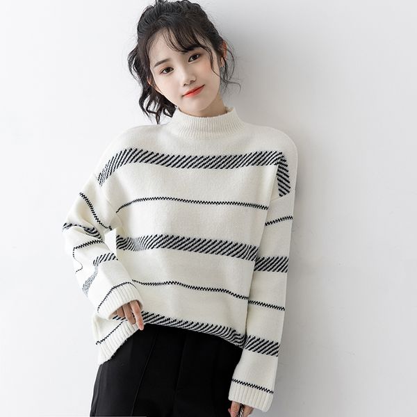 

autumn 2021 new winter black and white stripe half turtleneck high sweater for woman 1 x30u, White;black