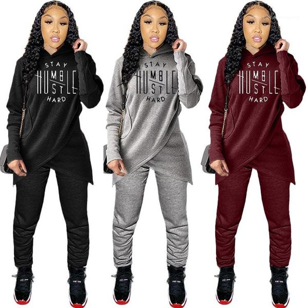 

hooded letter pattern and pants casual fashion autumn winter women two peice sets asymmetric length womens hoodies, White