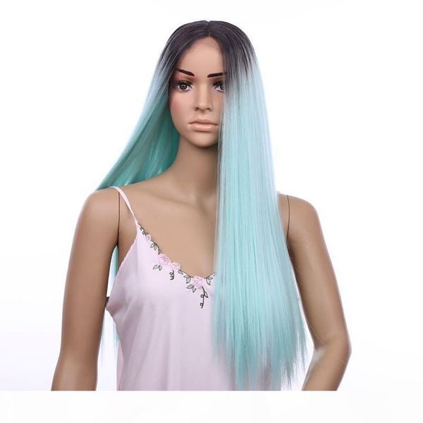 

hair wigs lace front wigs ombre chocolate black& mint green 20inch straight long hair for women