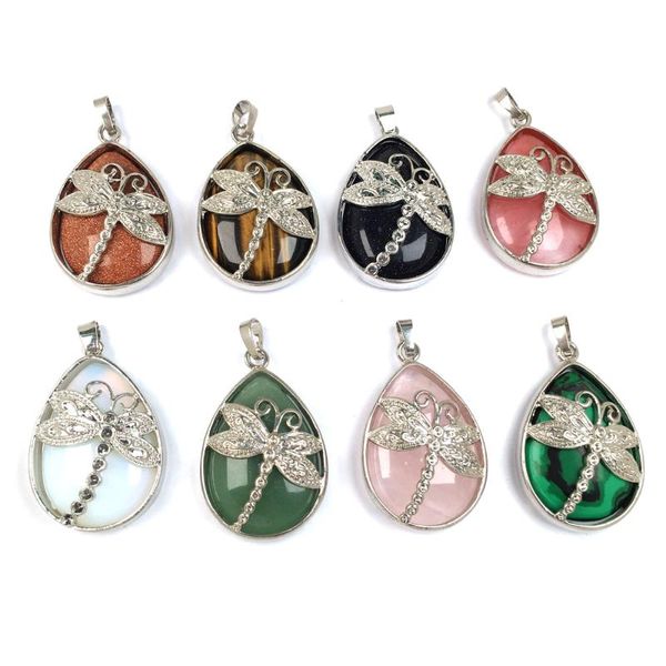 

natural stones dragonfly pendant quartz tiger's eye lapis lazuli crystal pendants for jewelry making diy necklaces accessories, Bronze;silver
