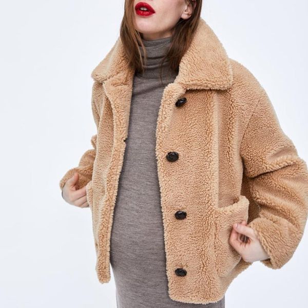 

women's fur & faux winter fashion teddy jacket coats women autumn warm turn-down collar solid overwear casual fluffy lamb top, Black