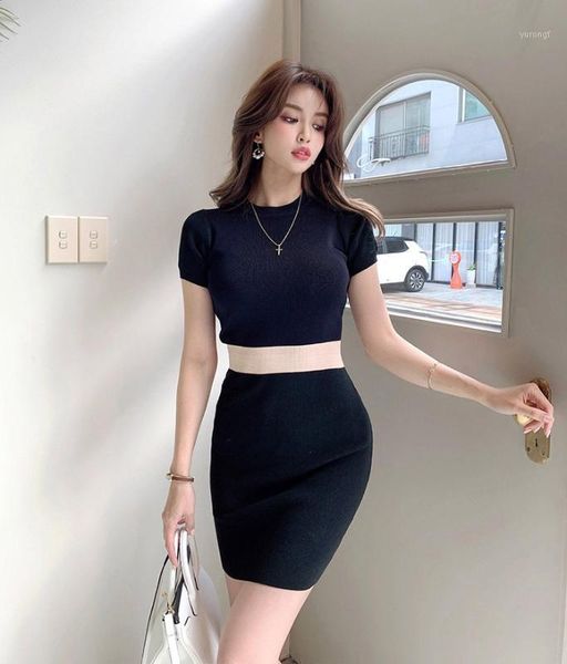 

women's new color matching dress slim slimming elastic short-sleeved knitted bag hip bottoming1, Black;gray