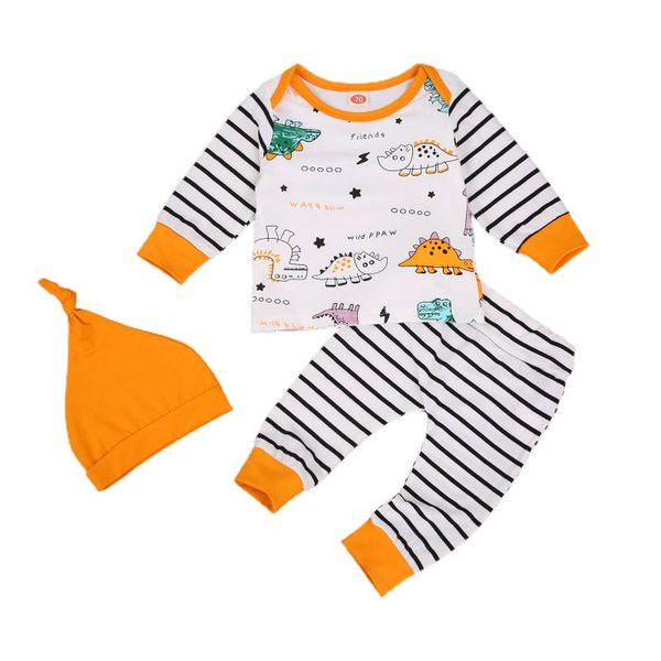 

ma&baby 0-2y autumn spring infant newborn baby boy clothes set cartoon dinosaur long sleeve pants hat outfits, White