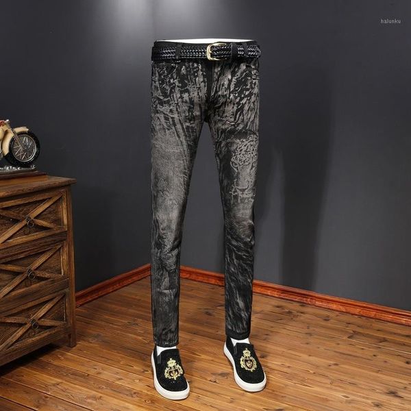 

men's jeans european station men's clothing 2021 autumn and winter korean washed-out printed youth mid-waist pencil pants trousers, Blue