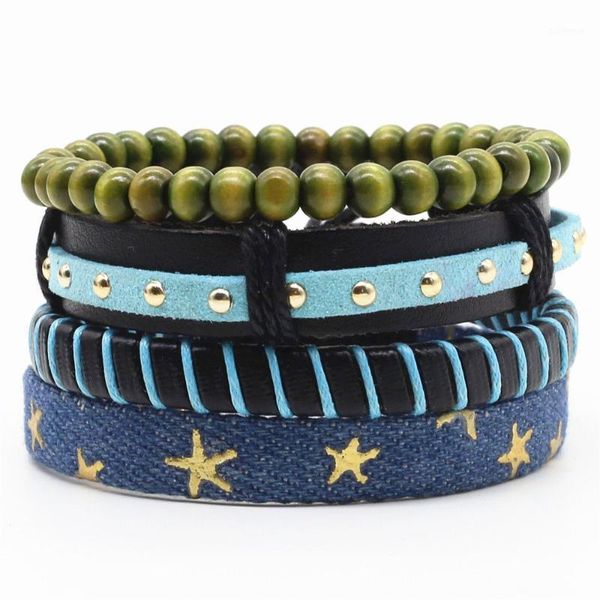 

fashion denim fabric weave vintage punk cuff trendy five point star anchor charm male men leather women bracelets female jewelry1, Golden;silver